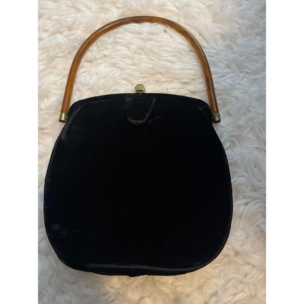 Vintage La France Black Velvet Purse Handbag with Brown Lucite Handle